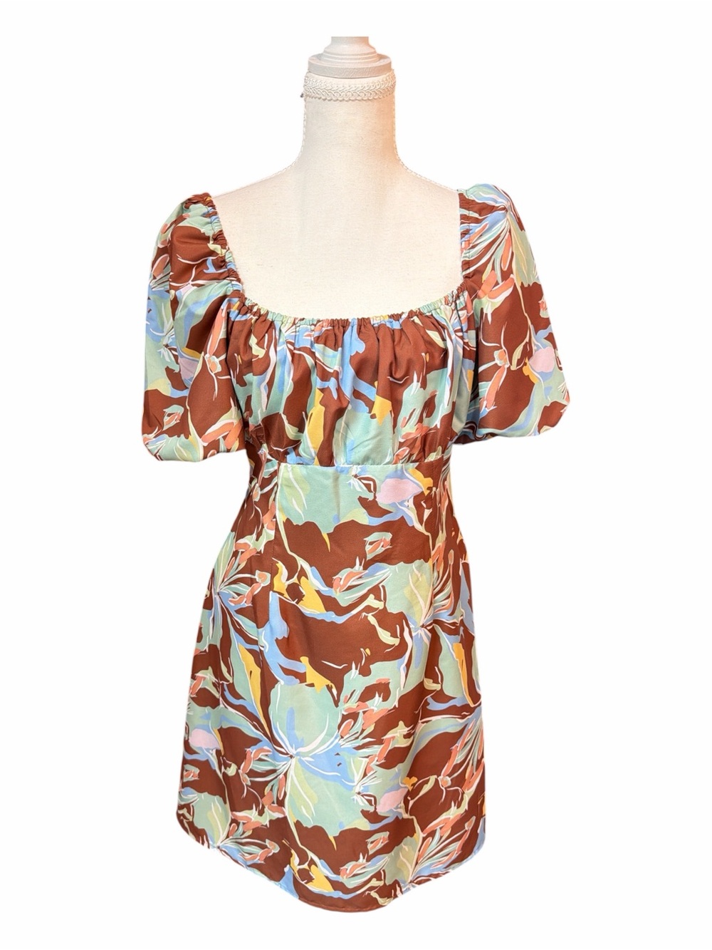 Gianni Bini XL Tropical Floral Open Back Puff Sleeve Mini Dress NWT